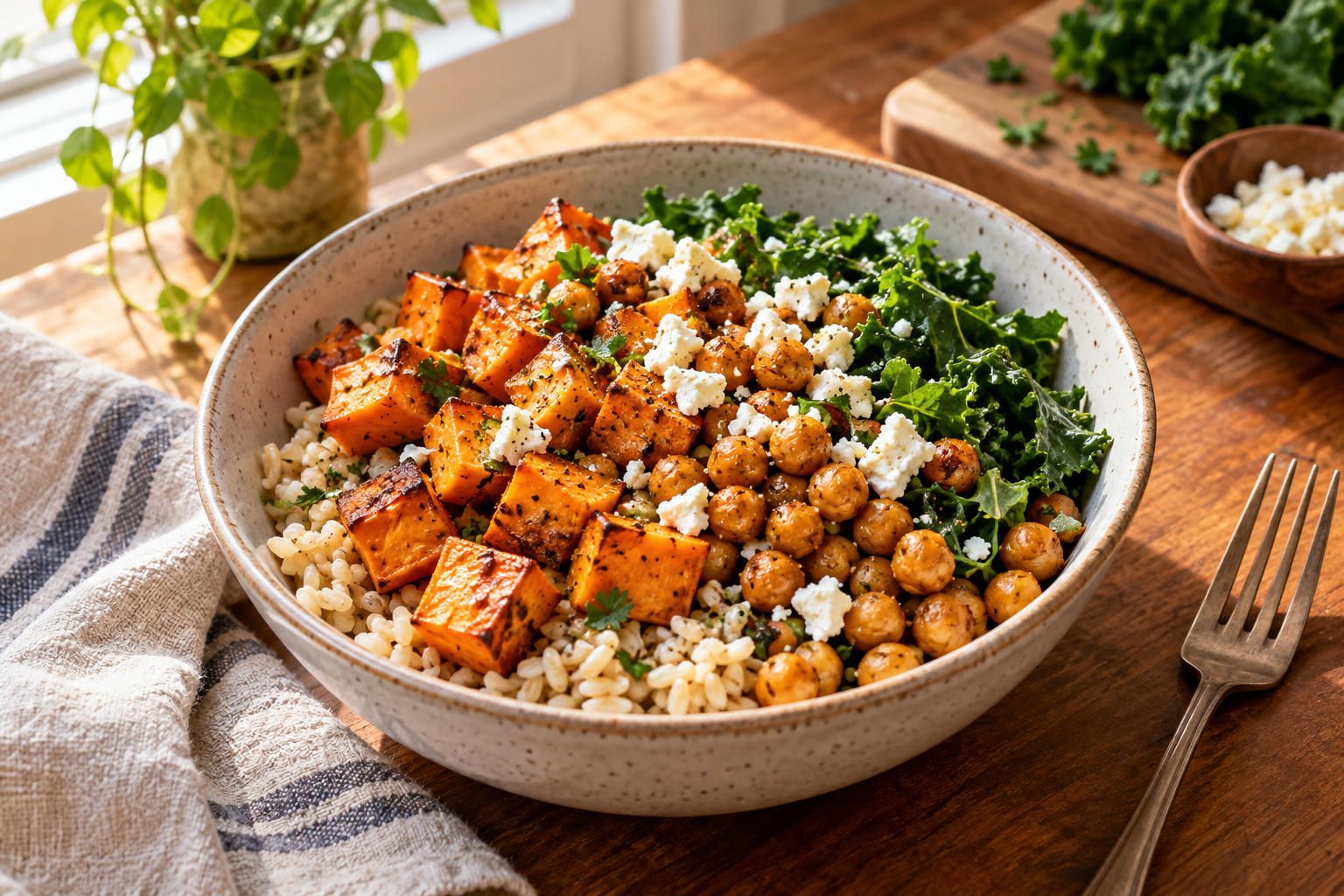 A bowl of roasted vegetables, chickpeas, rice, and greens.
