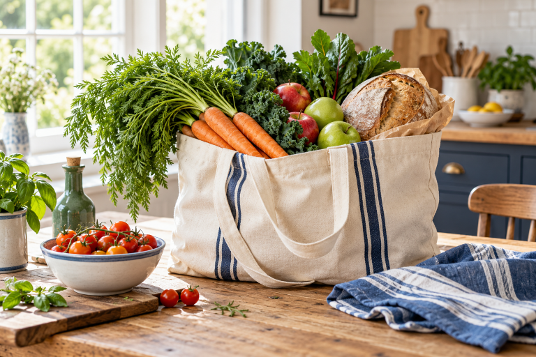 A grocery tote filled with vegetables, apples, and bread on a sunny kitchen table.