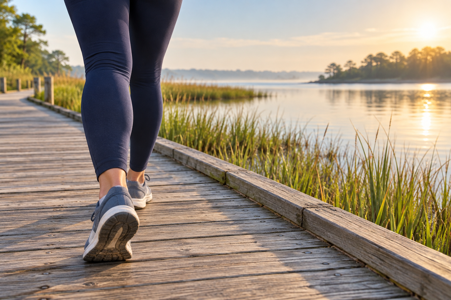 A person walking on a boardwalk beside calm water.