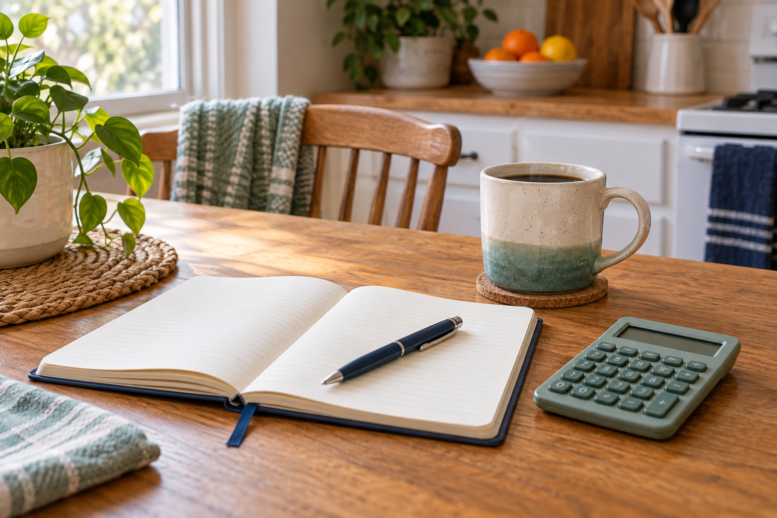 Notebook, calculator, pen, and a mug on a wooden table.