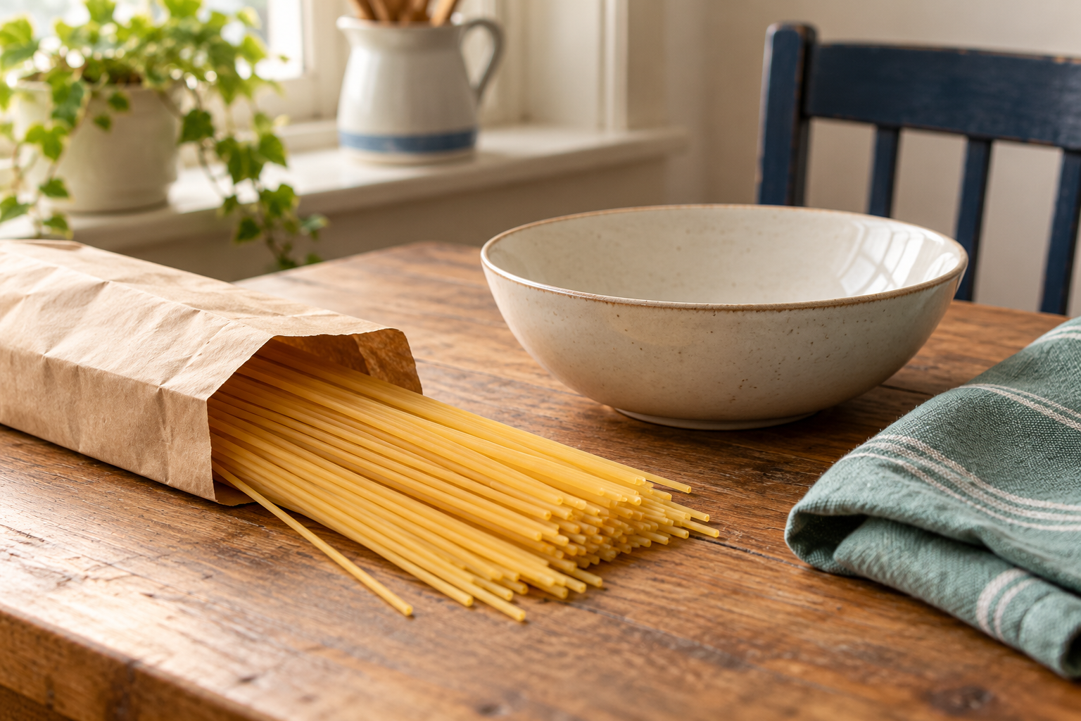 Uncooked spaghetti beside an empty bowl and folded towel on a kitchen table.